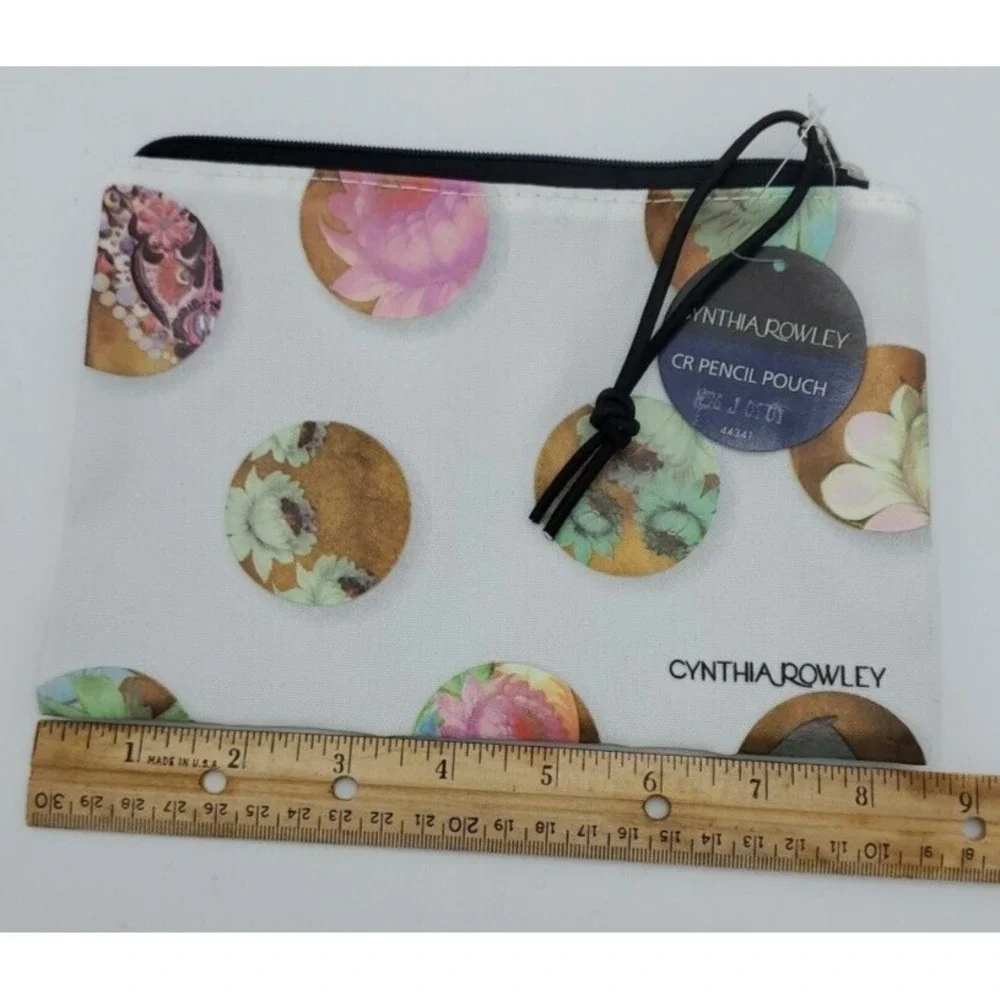 Cynthia‎ Rowley Makeup Bag White Floral Dots Clutch Cosmetic Pencil Pouch